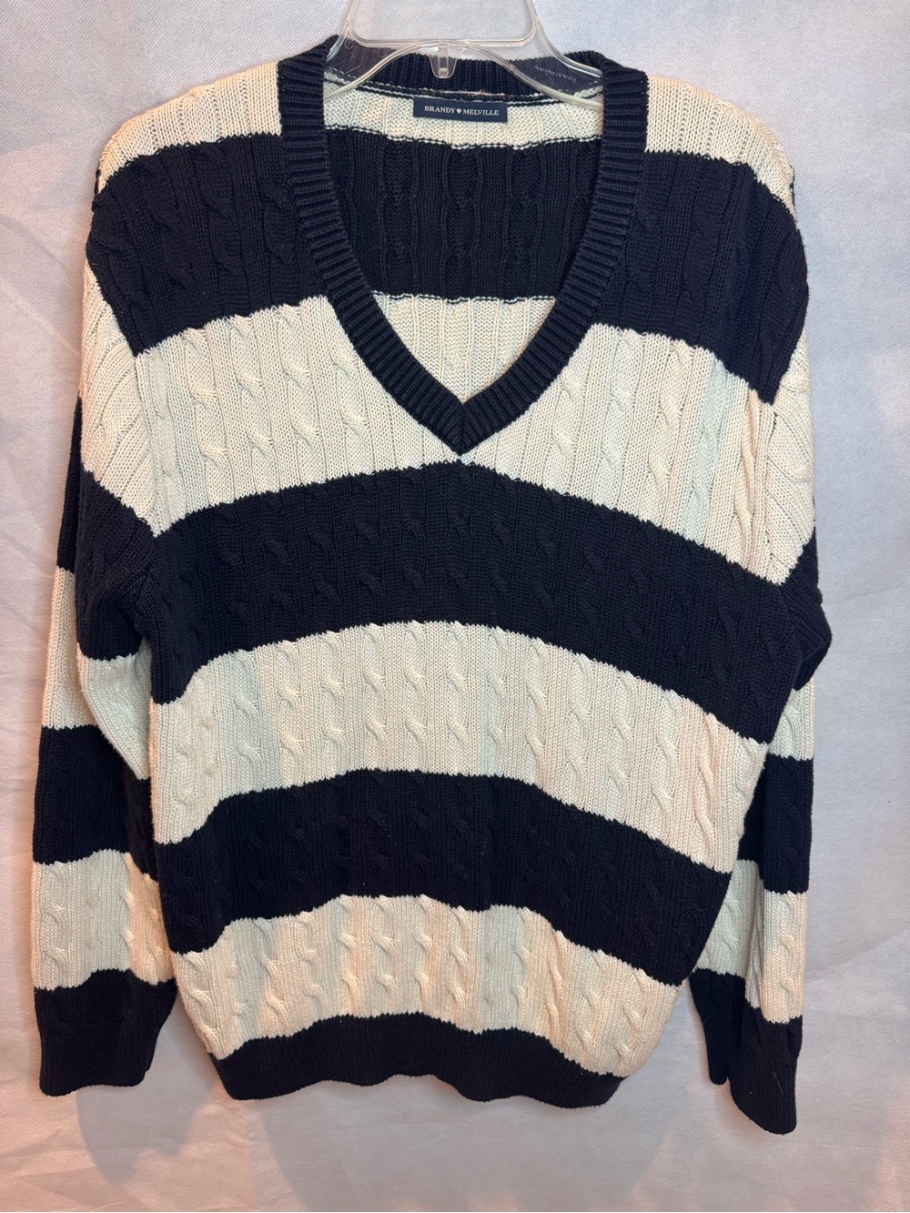 Brandy Melville Black and Cream Striped V-Neck Sweater
